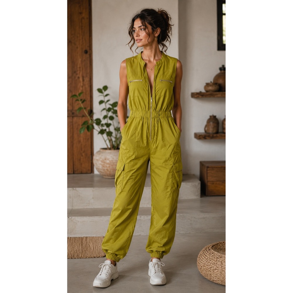 Jolie & Joy Womens Chartreuse Green Nylon Sleeveless Cargo Utility Jumpsuit L